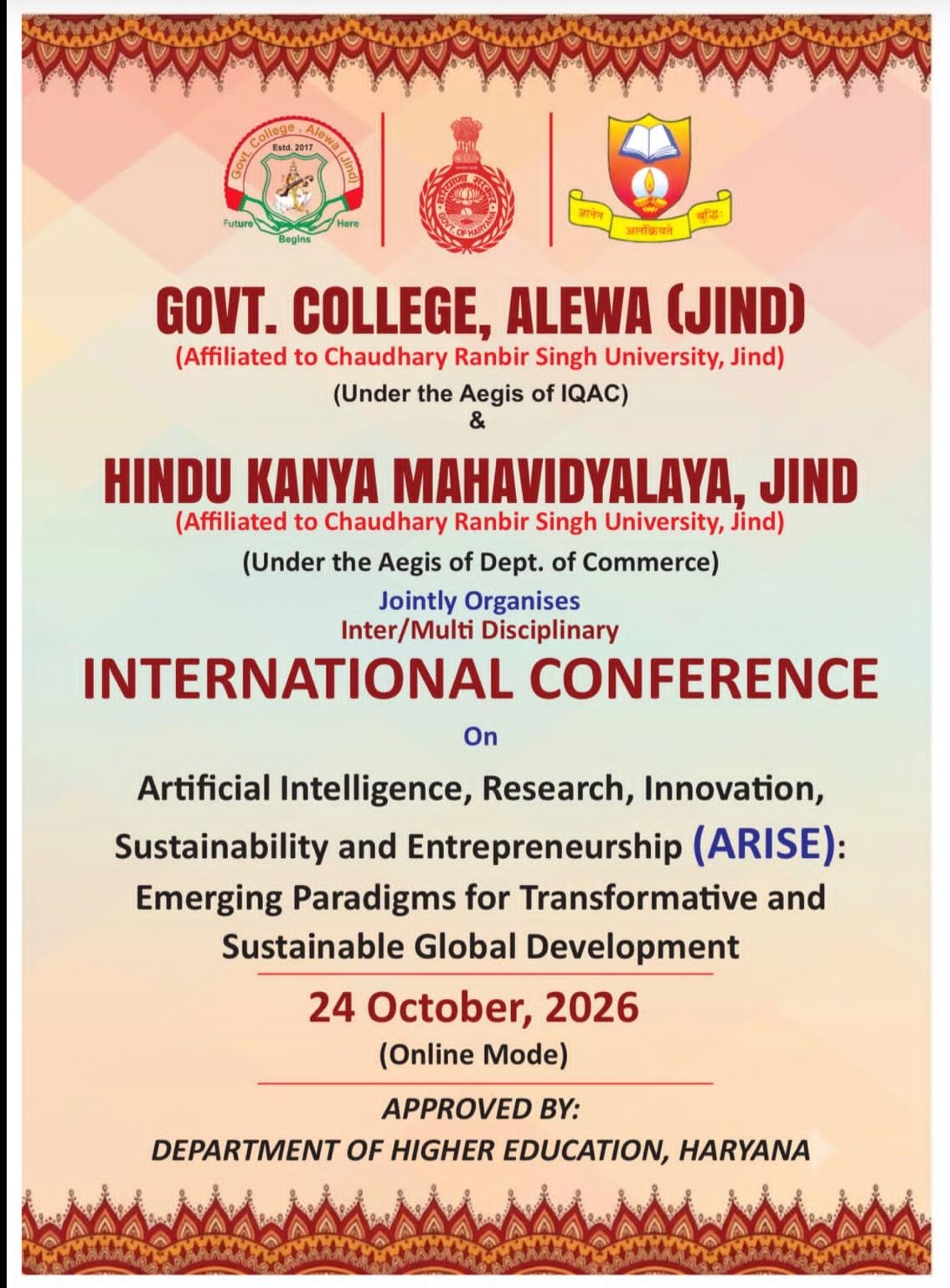 INTERNATIONAL CONFERENCE  2026, On Arficial Intelligence, Research, Innovaon, Sustainability and Entrepreneurship (ARISE): Emerging Paradigms for Transformave and Sustainable Global Development